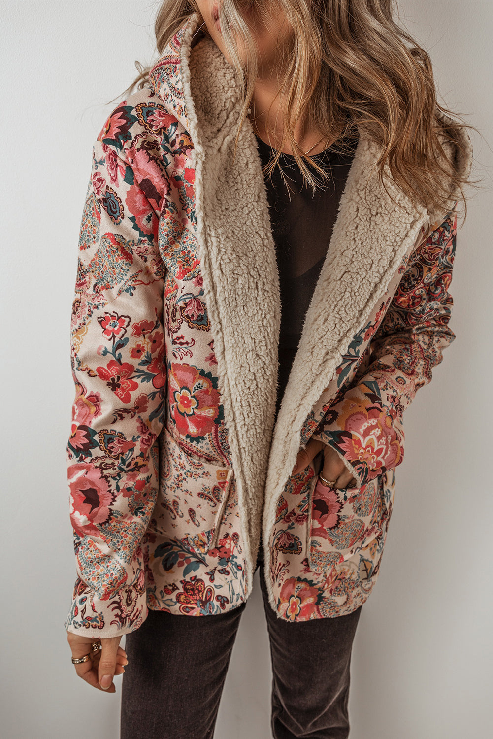 Floral Printed Sherpa Lined Hooded Jacket