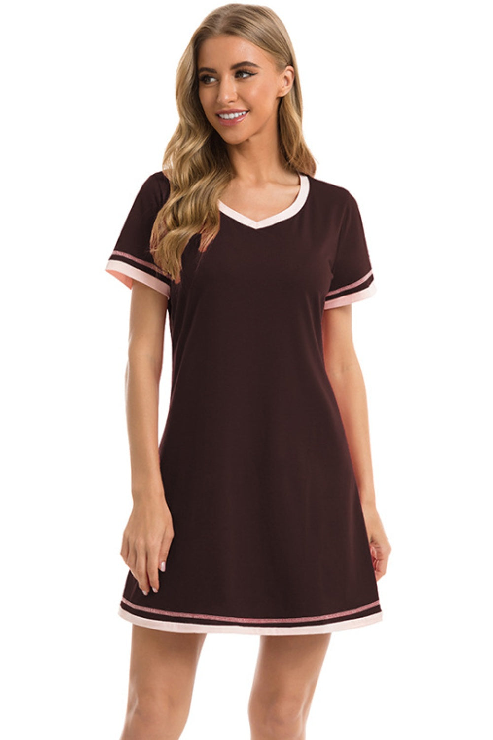 Contrast Trim Short Sleeve Lounge Dress - JassyBae