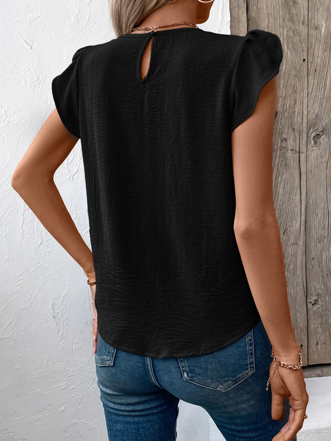 Ruched Round Neck Cap Sleeve Blouse