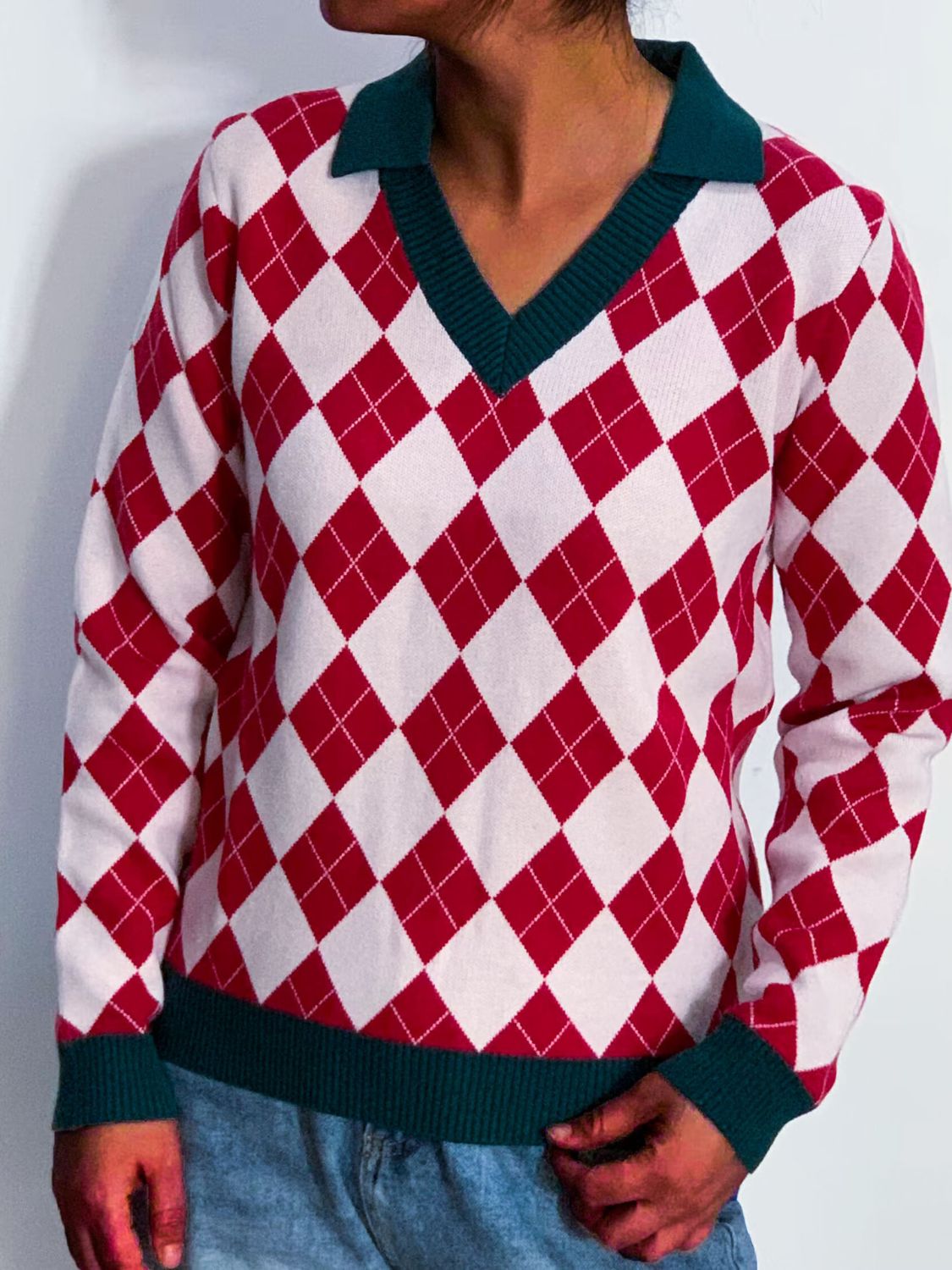 Geometric Johnny Collar Long Sleeve Sweater