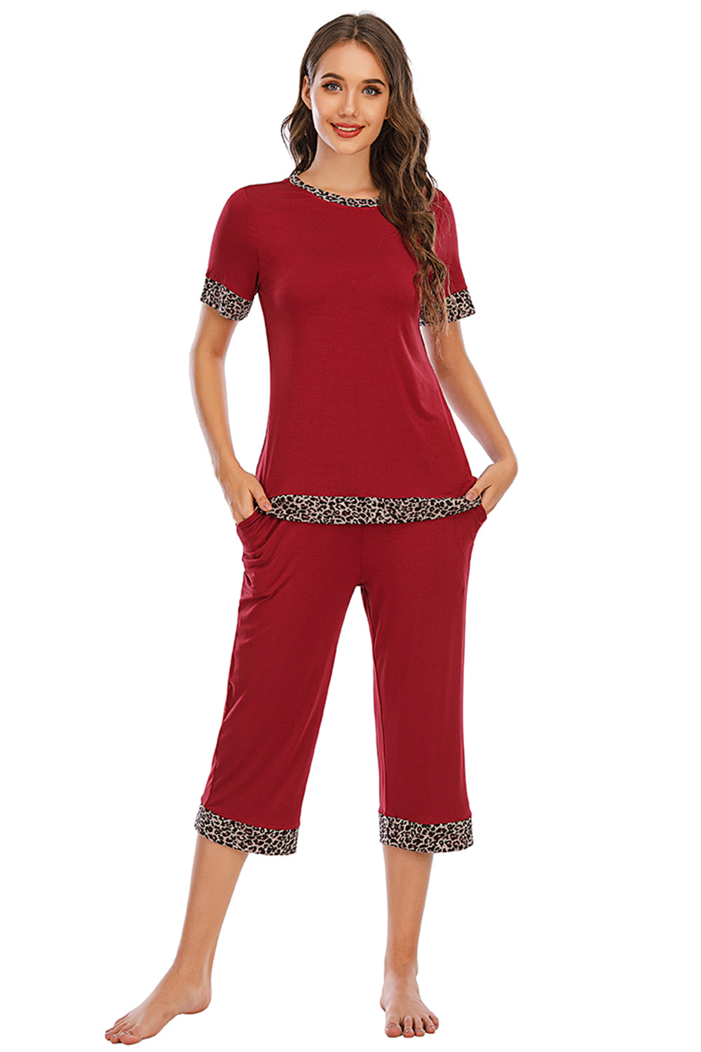 Round Neck Short Sleeve Top and Capris Pants Lounge Set - JassyBae