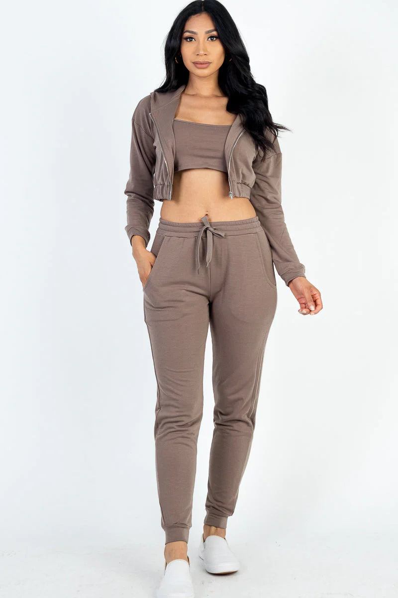 Cozy Chic French Terry Lounge Set: Zip-Up Jacket, Cropped Cami, and Joggers