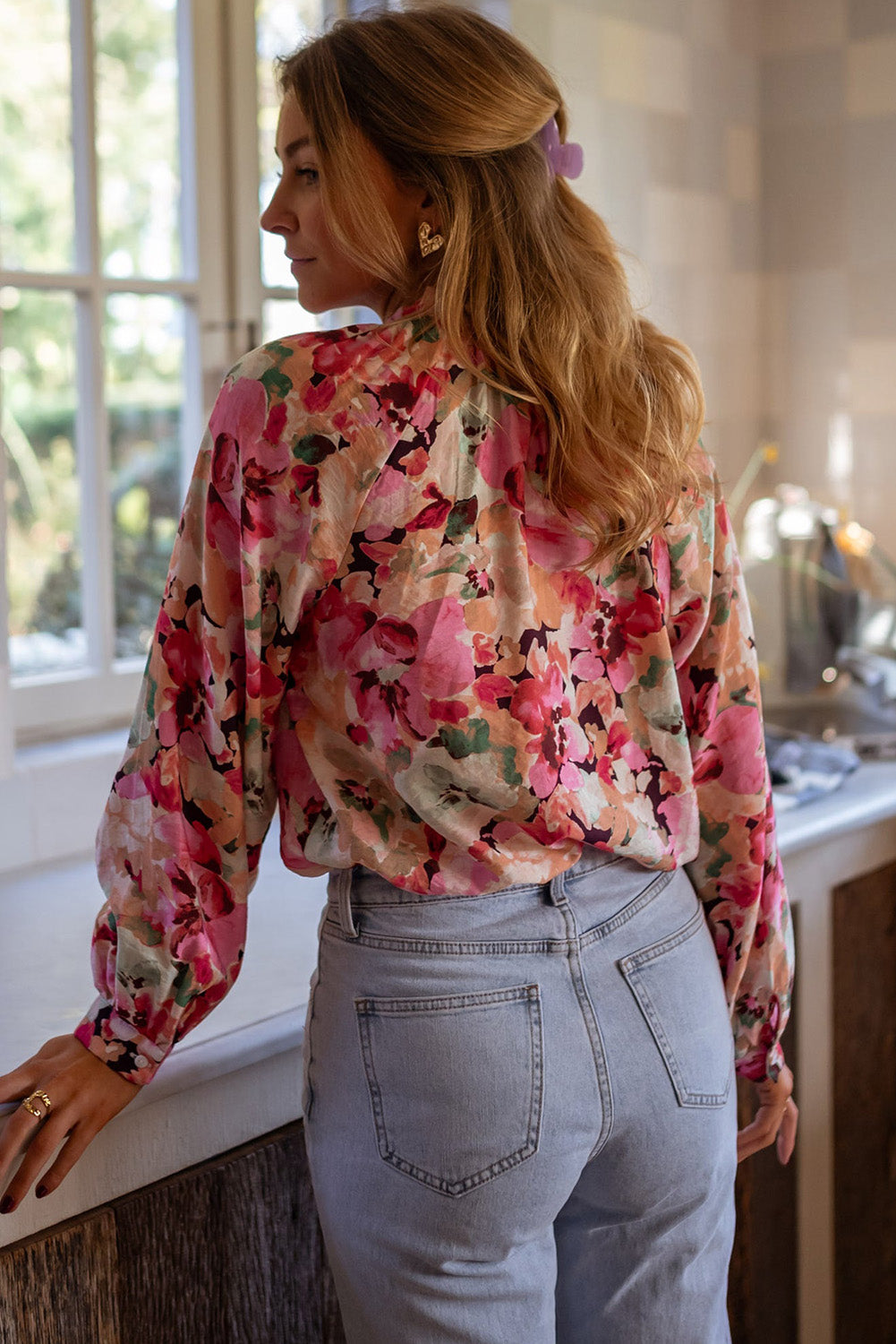 Red Floral Ruffled Shirt