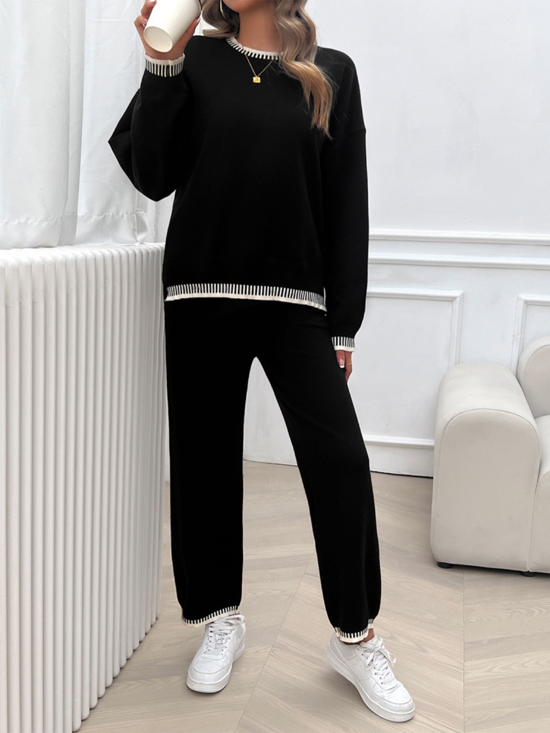 Round Neck Dropped Shoulder Top and Pants Sweater Set - JassyBae