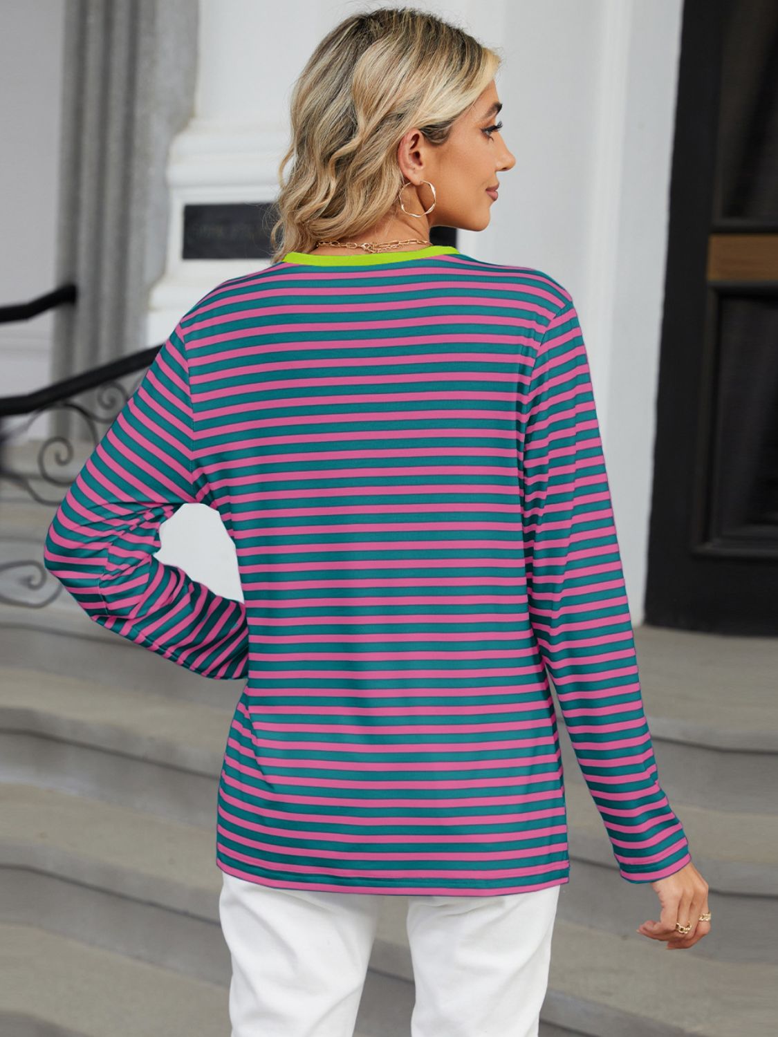 Striped Notched Long Sleeve T-Shirt - JassyBae