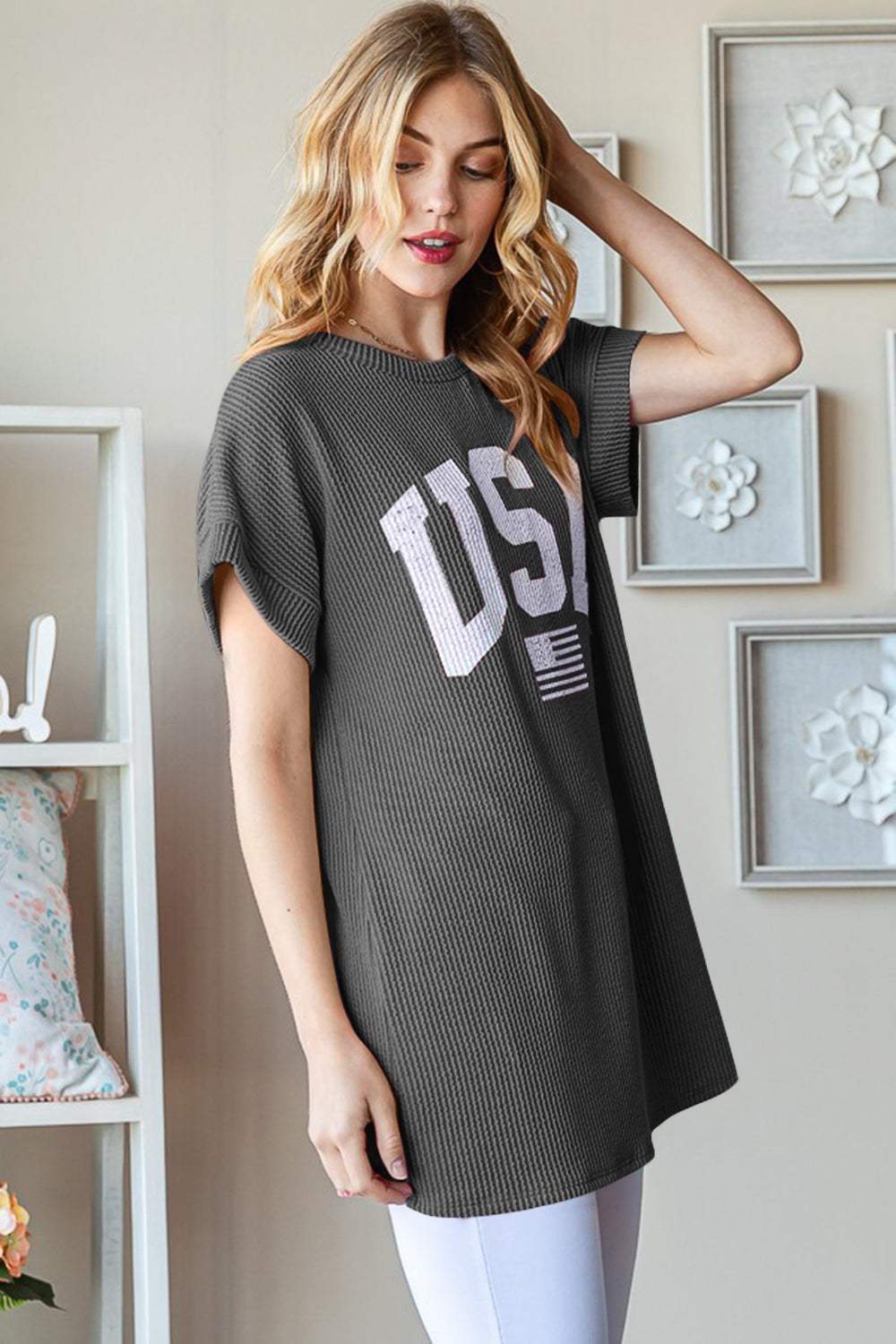 Heimish Full Size USA Graphic Short Sleeve Ribbed Top - JassyBae