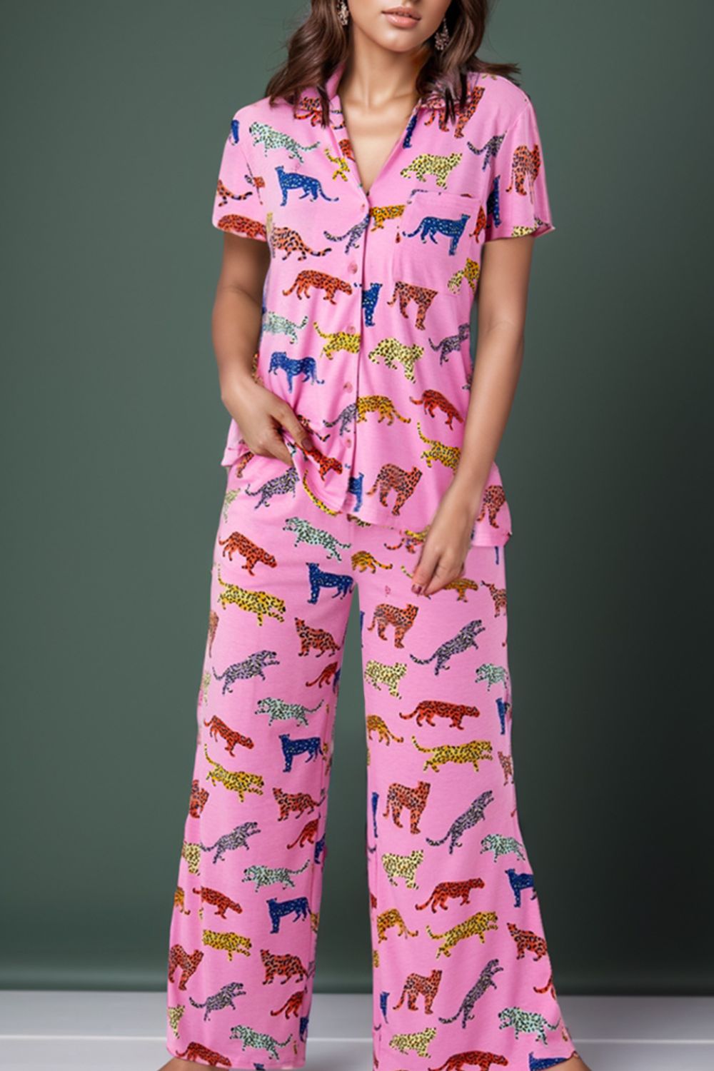 Animal Button Up Top and Pants Lounge Set - JassyBae