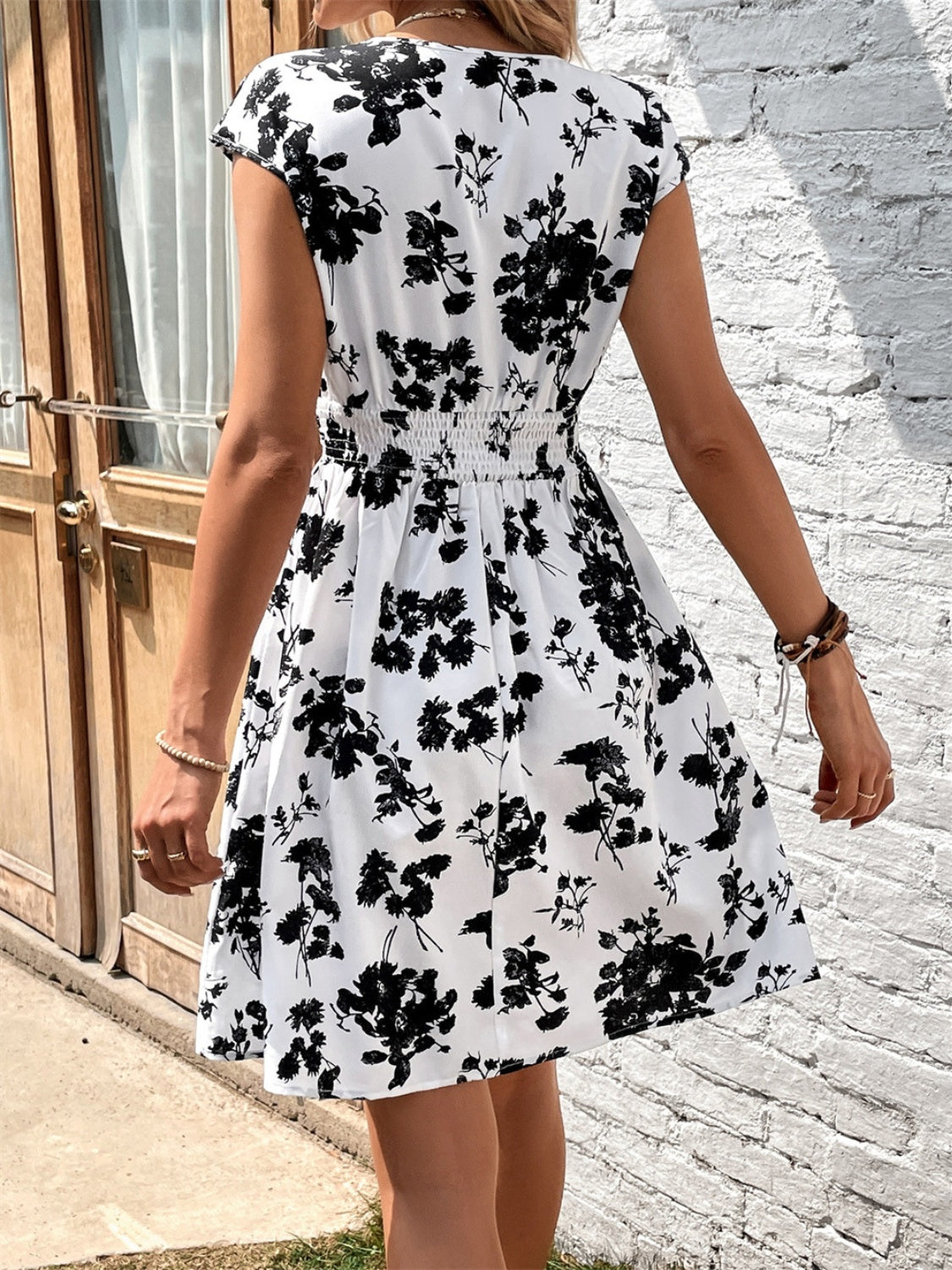 Printed Surplice Cap Sleeve Dress - JassyBae