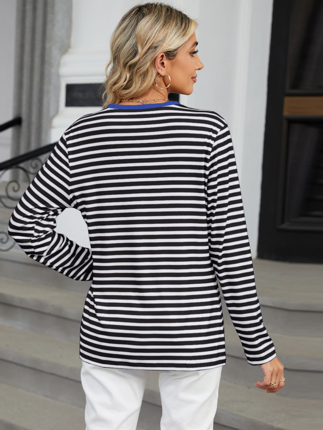 Striped Notched Long Sleeve T-Shirt - JassyBae