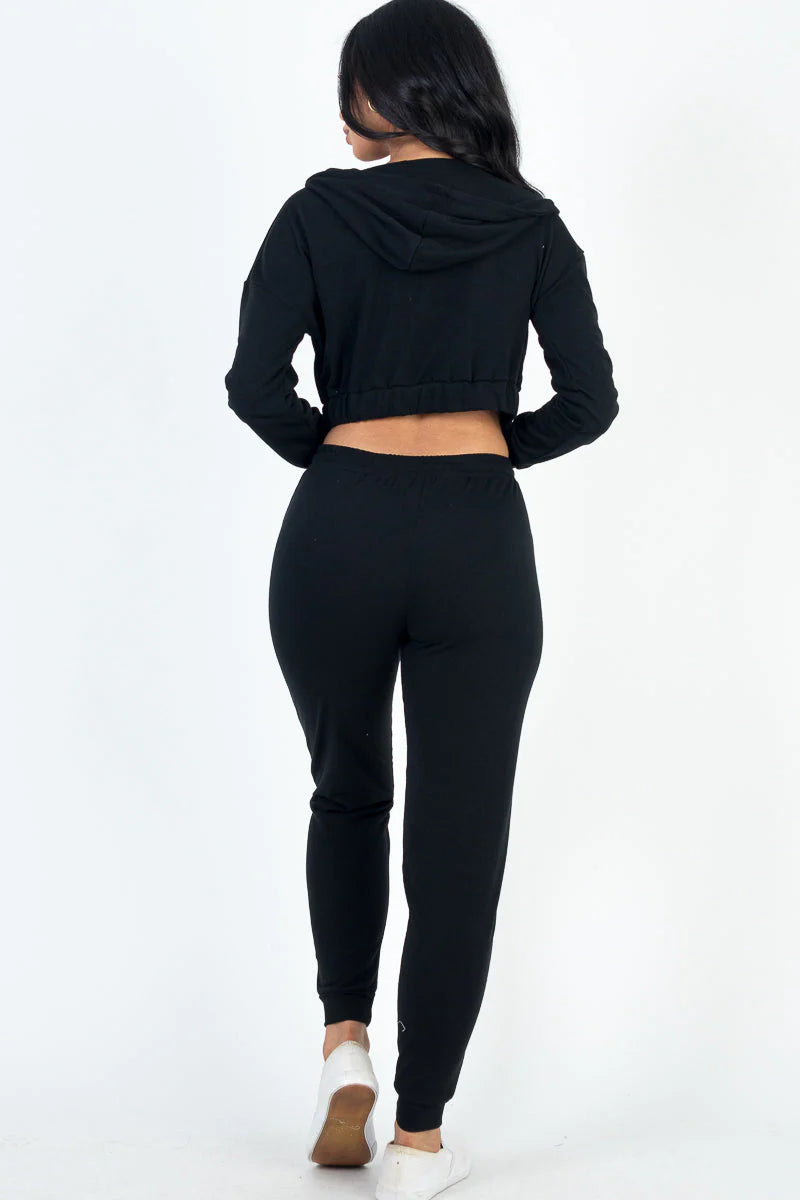 Cozy Chic French Terry Lounge Set: Zip-Up Jacket, Cropped Cami, and Joggers