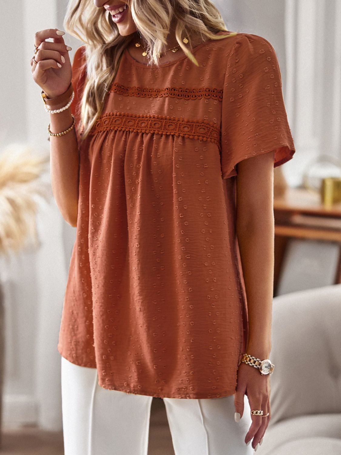 Lace Detail Round Neck Short Sleeve Blouse