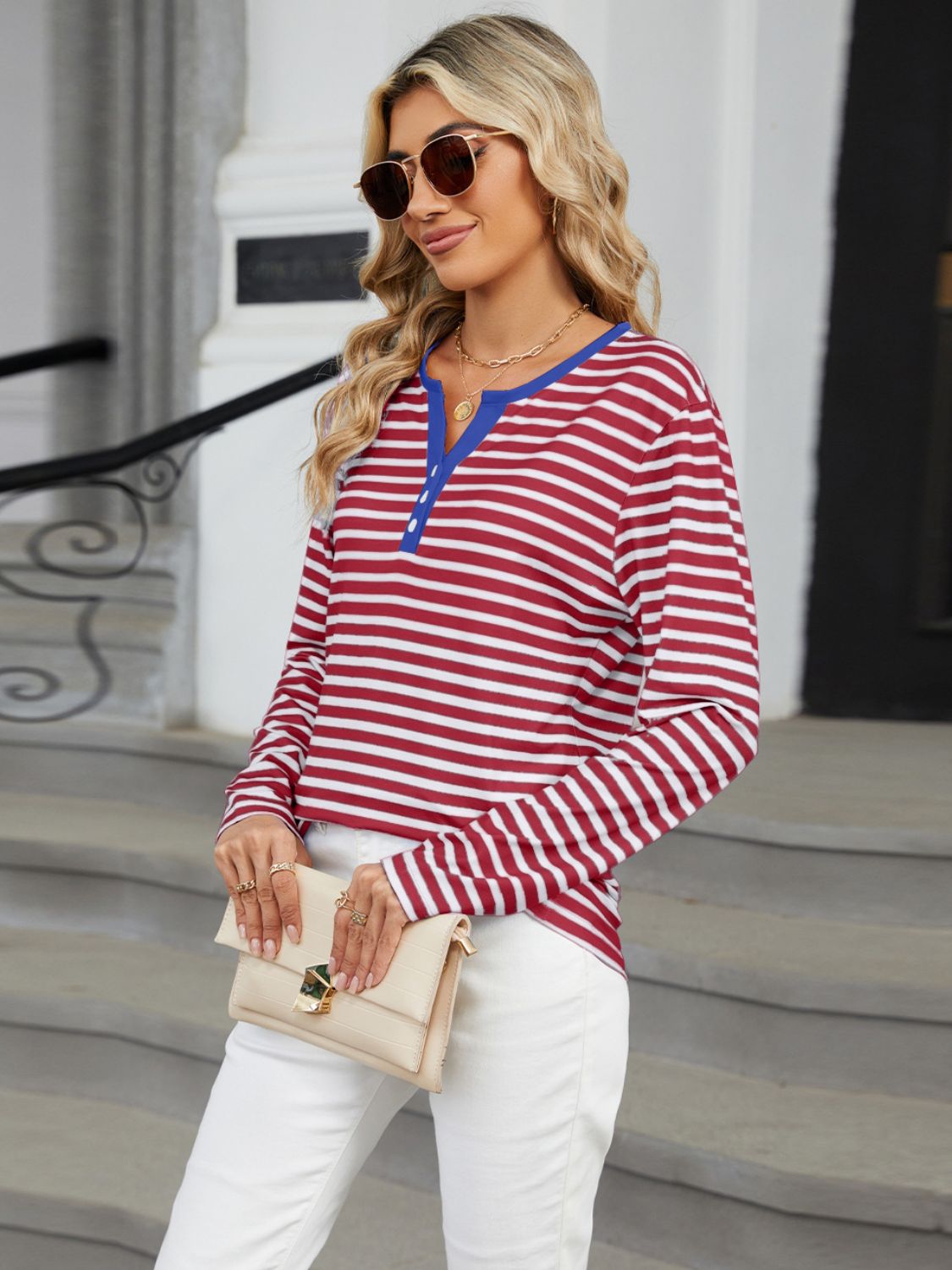 Striped Notched Long Sleeve T-Shirt - JassyBae