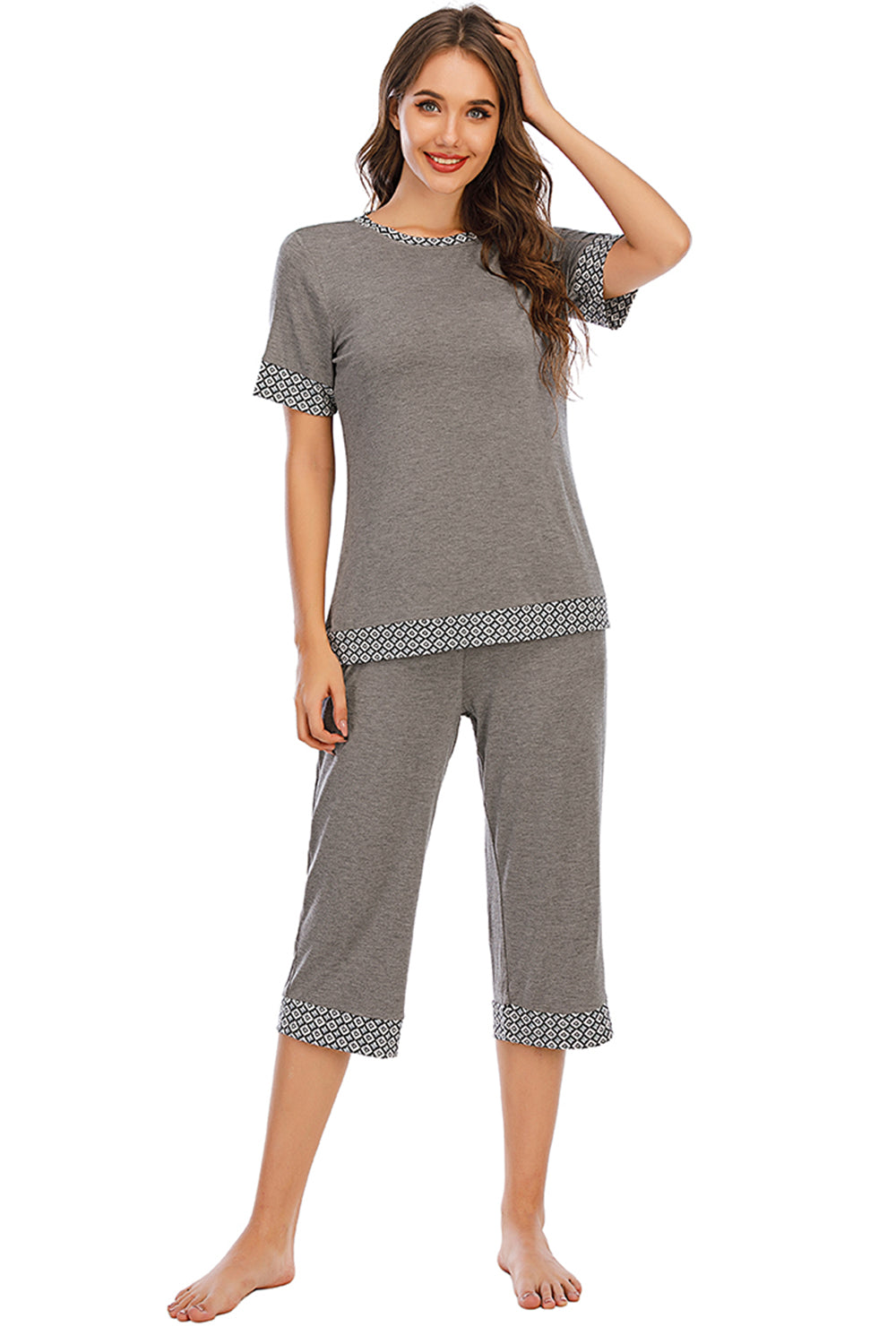 Round Neck Short Sleeve Top and Capris Pants Lounge Set - JassyBae