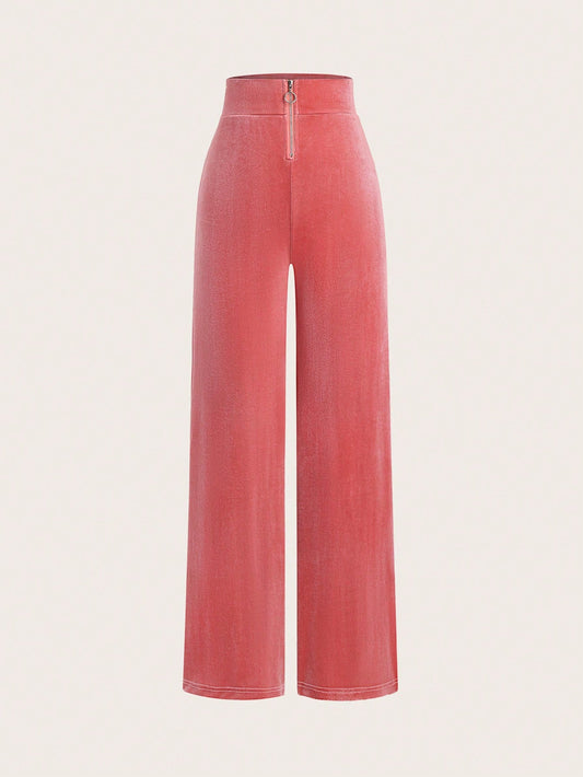 Pink Solid Color Zip Fly Straight Leg Pants