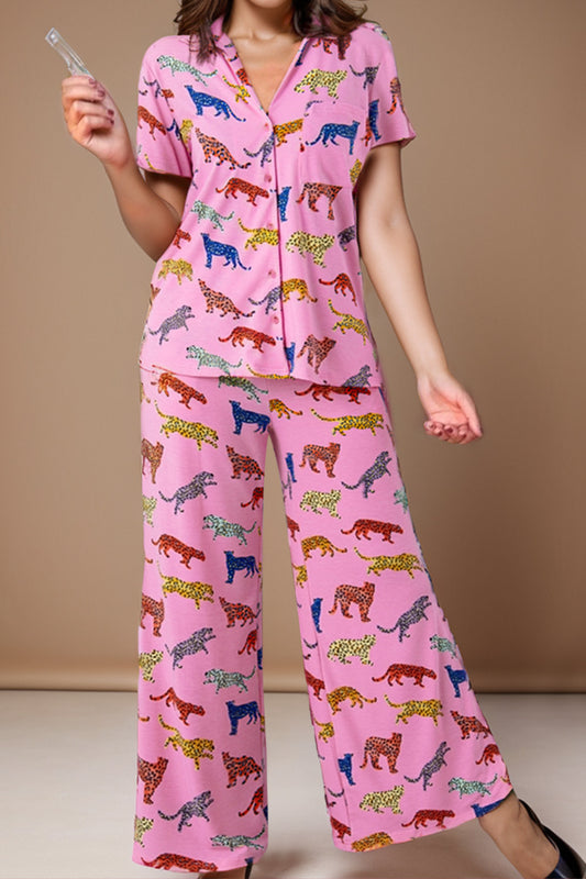 Animal Button Up Top and Pants Lounge Set - JassyBae