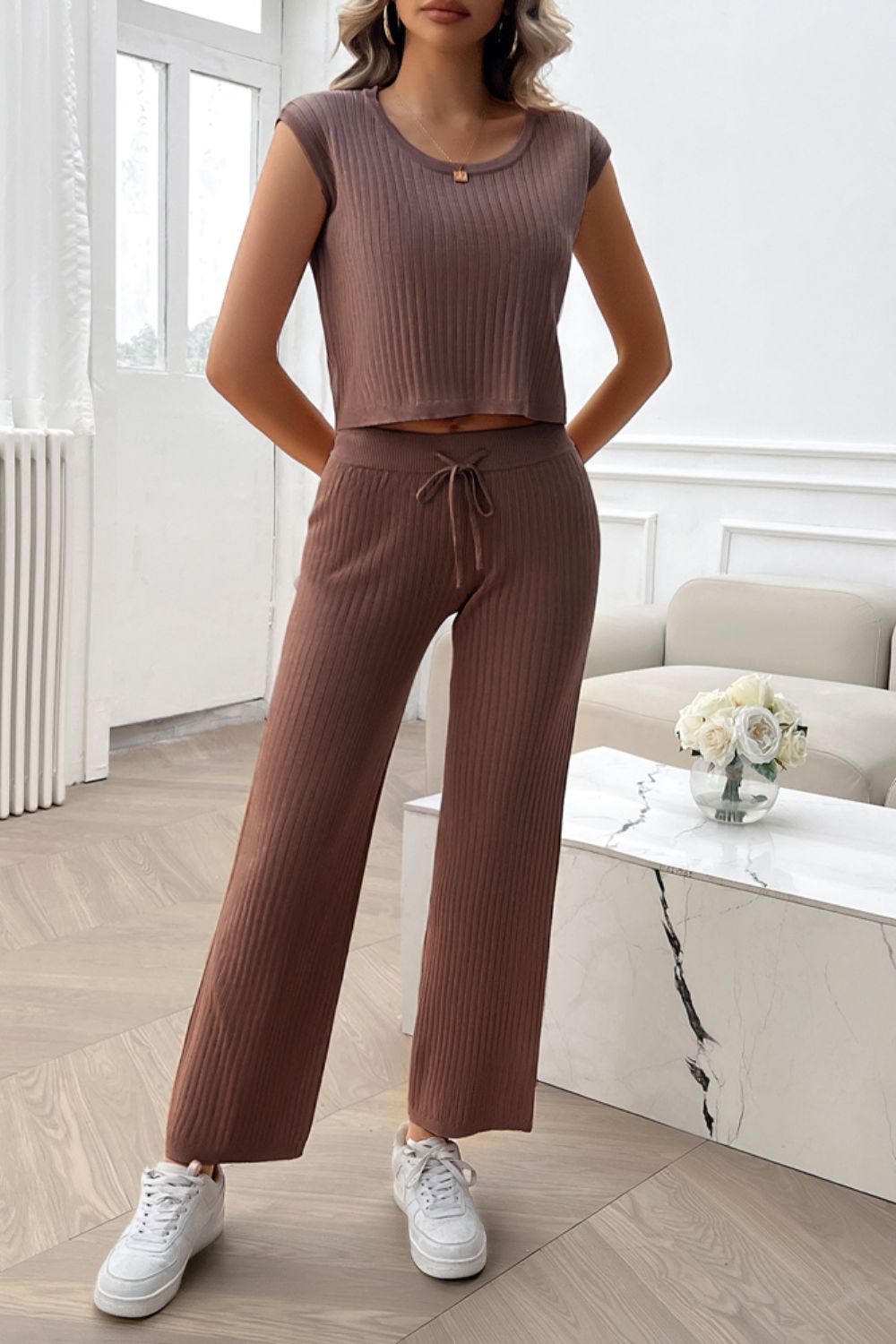 Ribbed Round Neck Top and Pants Set - JassyBae