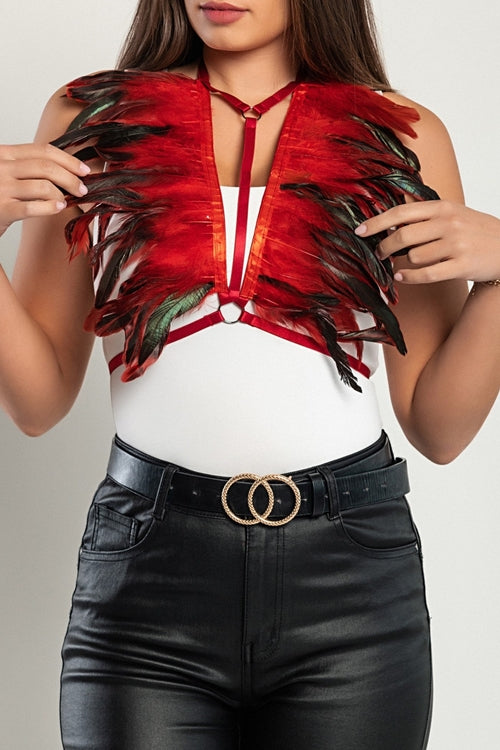 Elastic Strap Bra with Feathers, ART2290, red