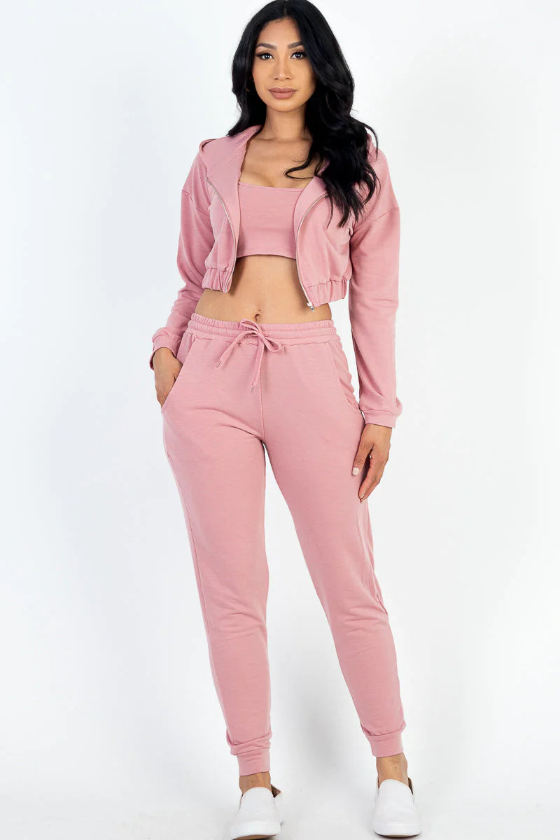 Cozy Chic French Terry Lounge Set: Zip-Up Jacket, Cropped Cami, and Joggers