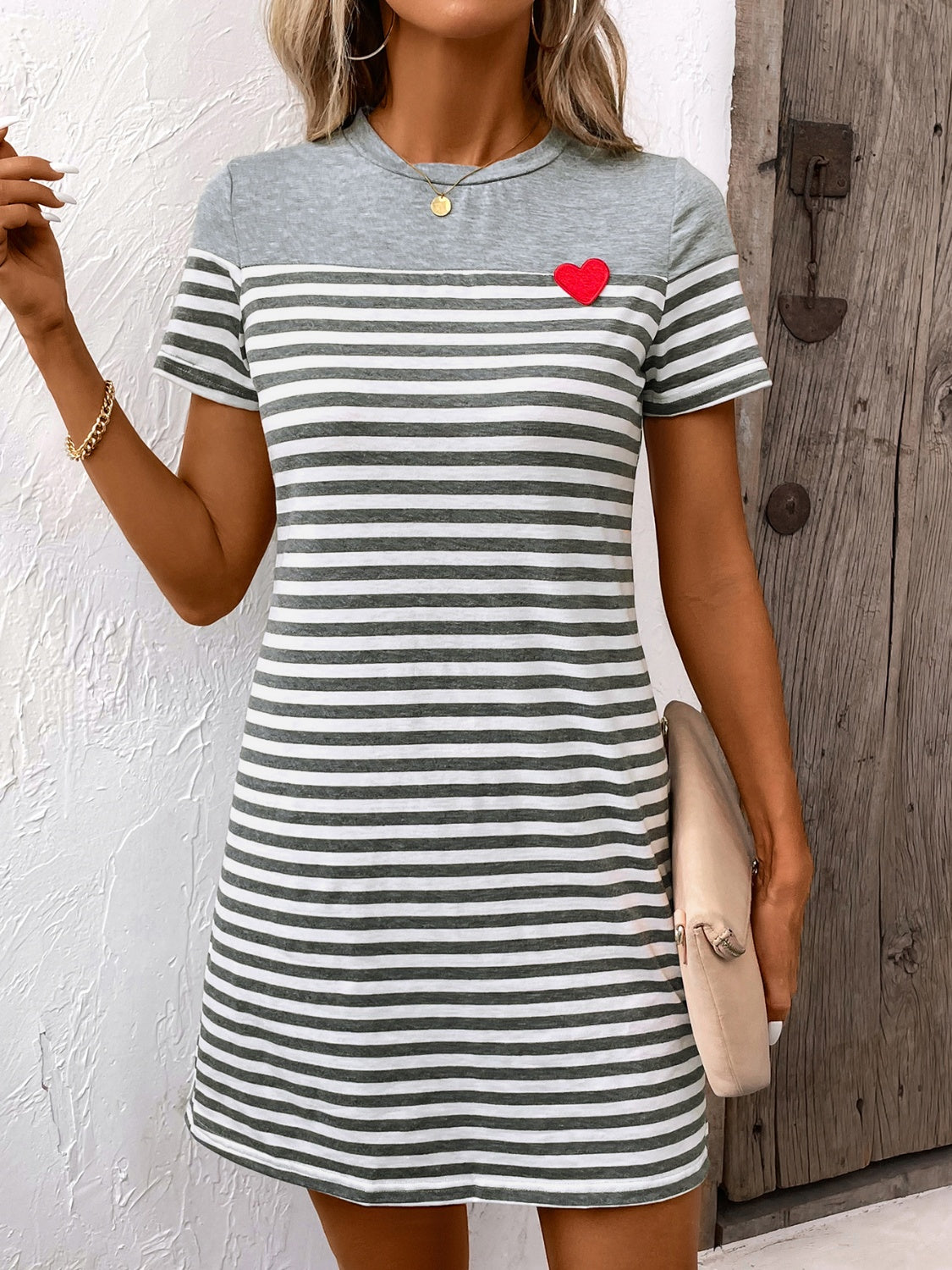 Striped Round Neck Short Sleeve Mini Dress - JassyBae