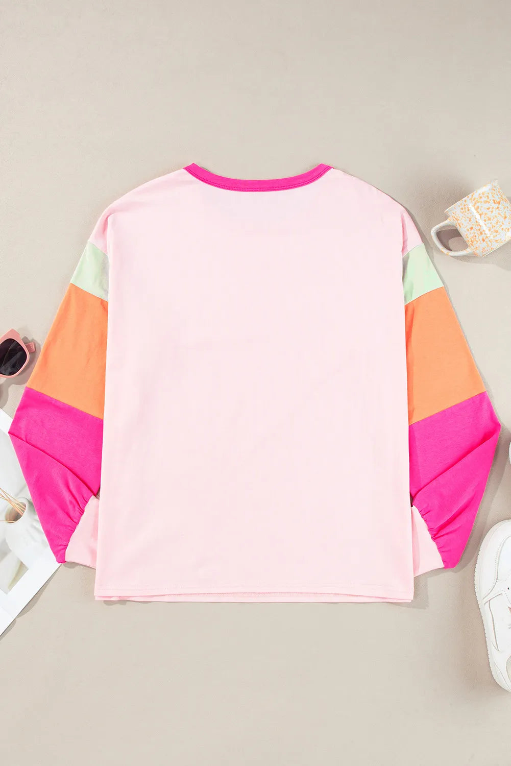 Color Block Round Neck Long Sleeve Top - JassyBae