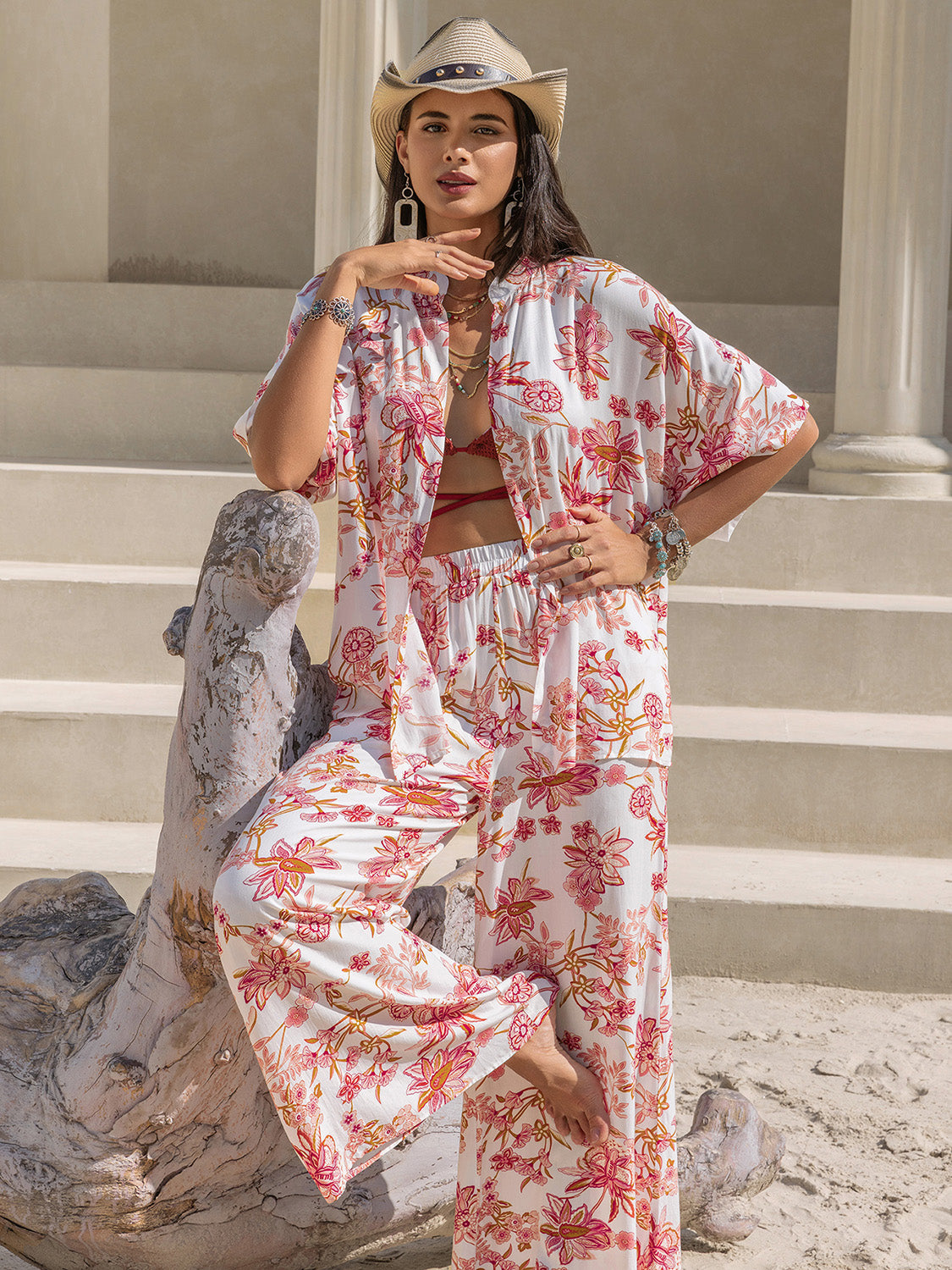 Printed Open Front Half Sleeve Top and Pants Set - JassyBae