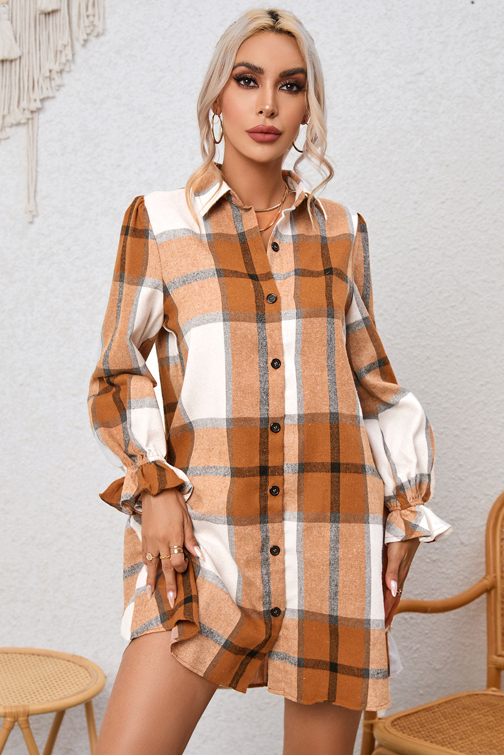 Khaki Plaid Shirt Dress