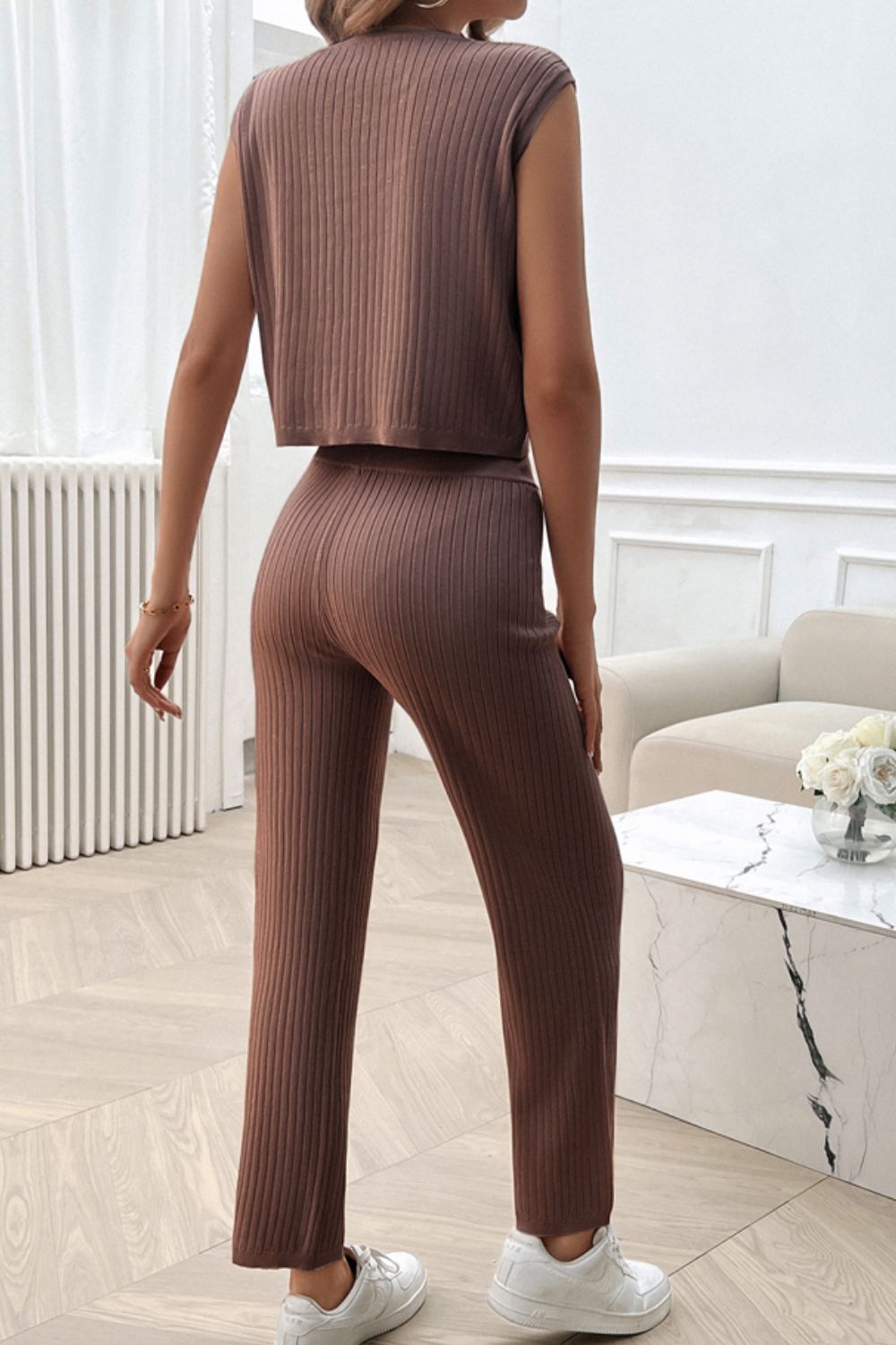 Ribbed Round Neck Top and Pants Set - JassyBae