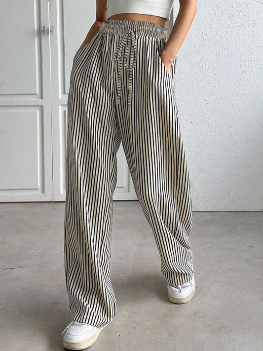 Drawstring Striped Elastic Waist Pants - JassyBae