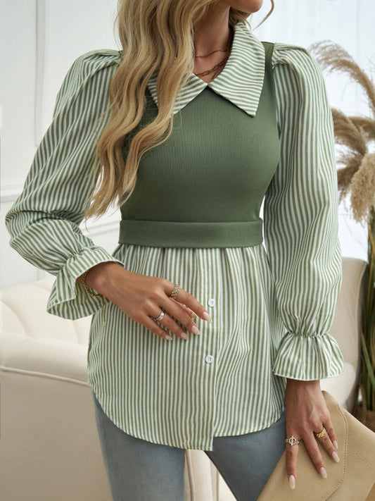 Faux Layered Striped Collared Neck Long Sleeve Shirt