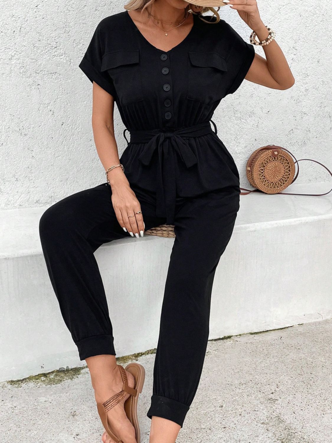 V-Neck Short Sleeve Jumpsuit - JassyBae