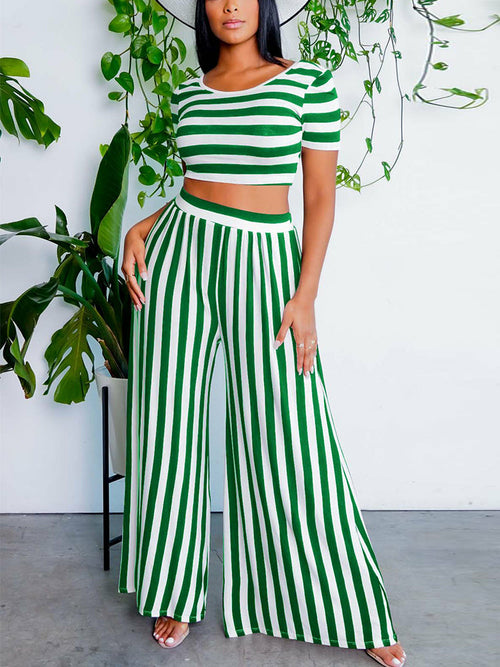 2 Pieces Sets Stripe Printed Short Sleeve T-shirt & Wide Leg Pants