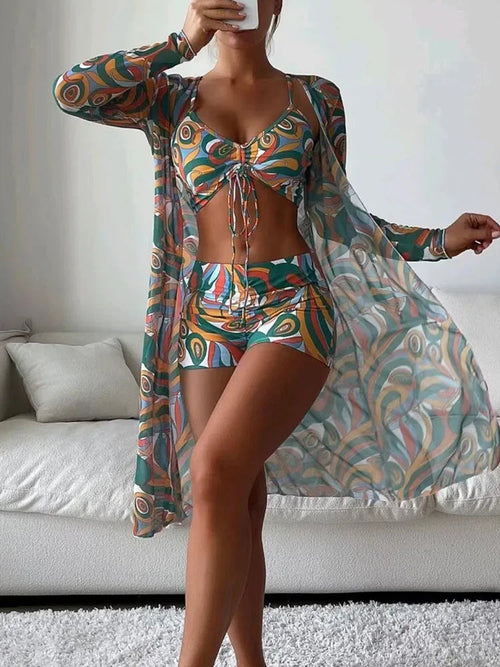 Tropical Print Bikini 3pack Drawstring Cover Up