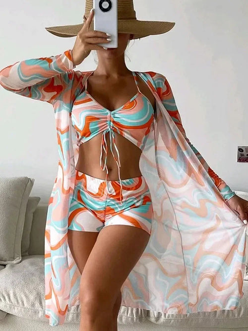 Tropical Print Bikini 3pack Drawstring Cover Up