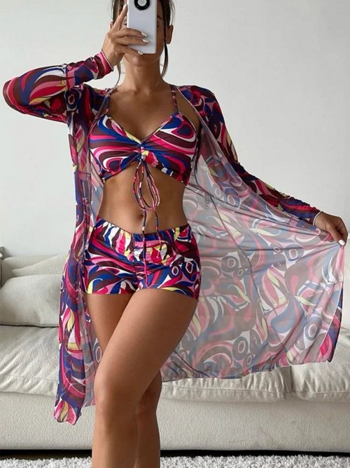 Tropical Print Bikini 3pack Drawstring Cover Up