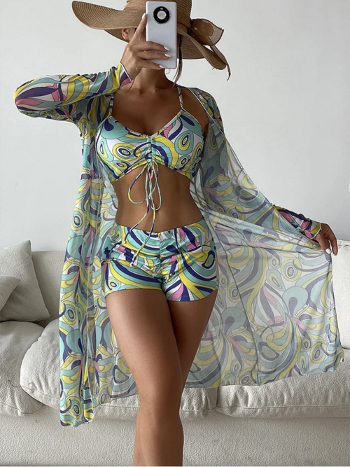 Tropical Print Bikini 3pack Drawstring Cover Up