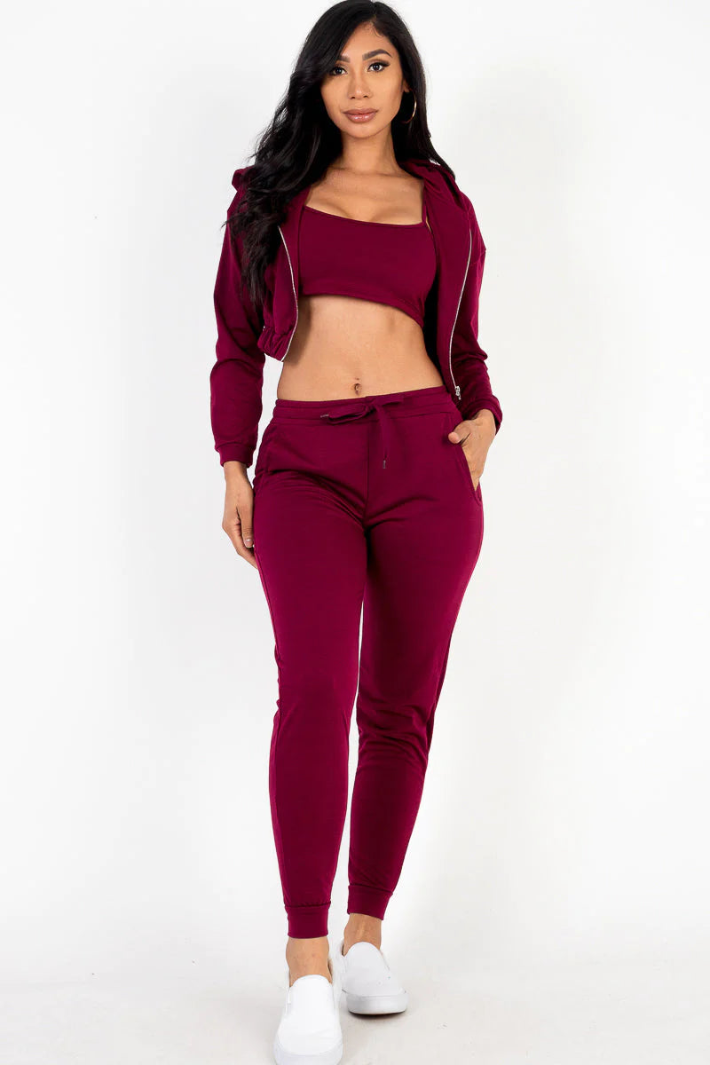 Cozy Chic French Terry Lounge Set: Zip-Up Jacket, Cropped Cami, and Joggers