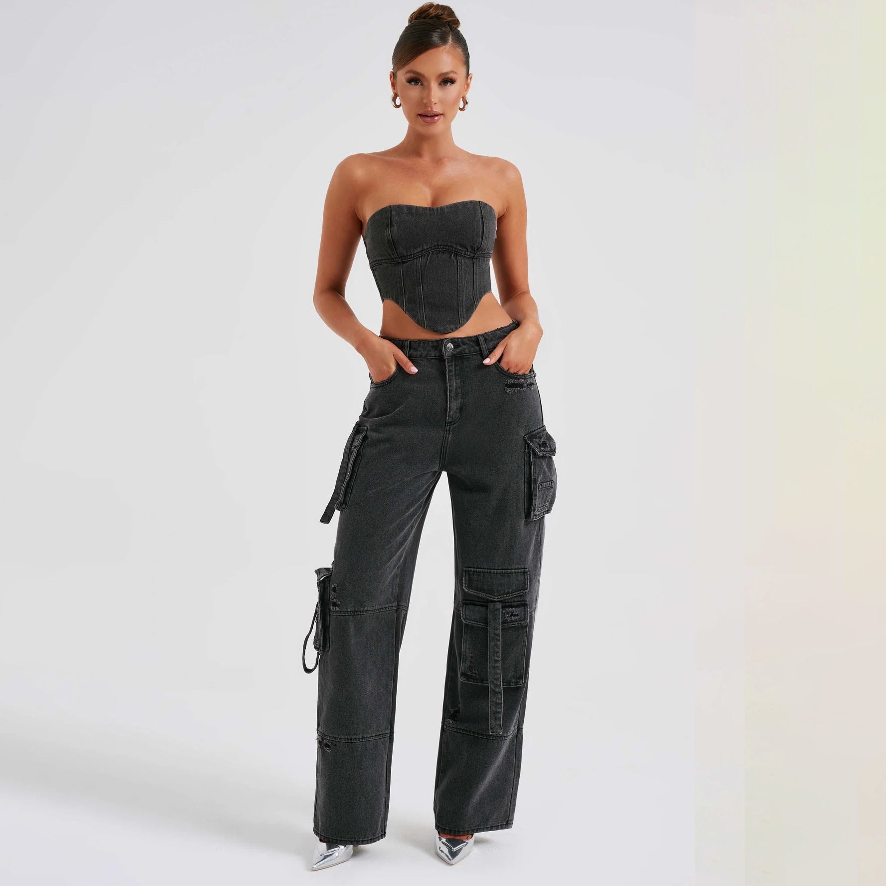 Low Waist Three-Dimensional Tube Top and Jeans 