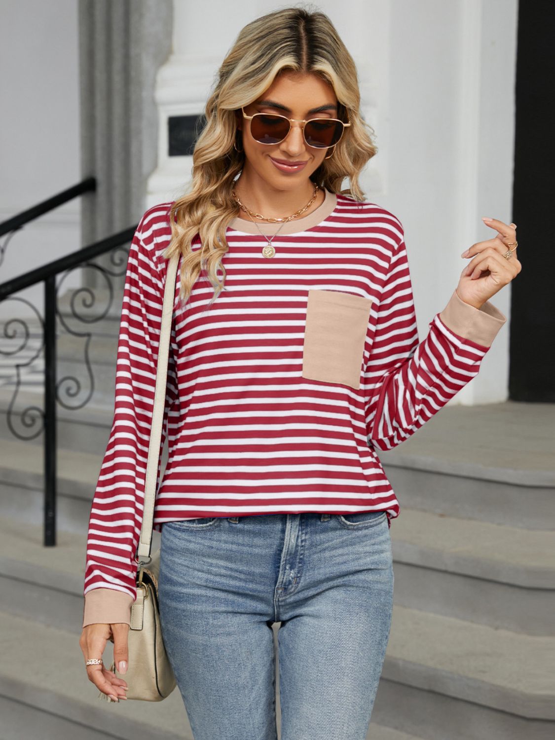 Pocketed Striped Round Neck Long Sleeve T-Shirt - JassyBae