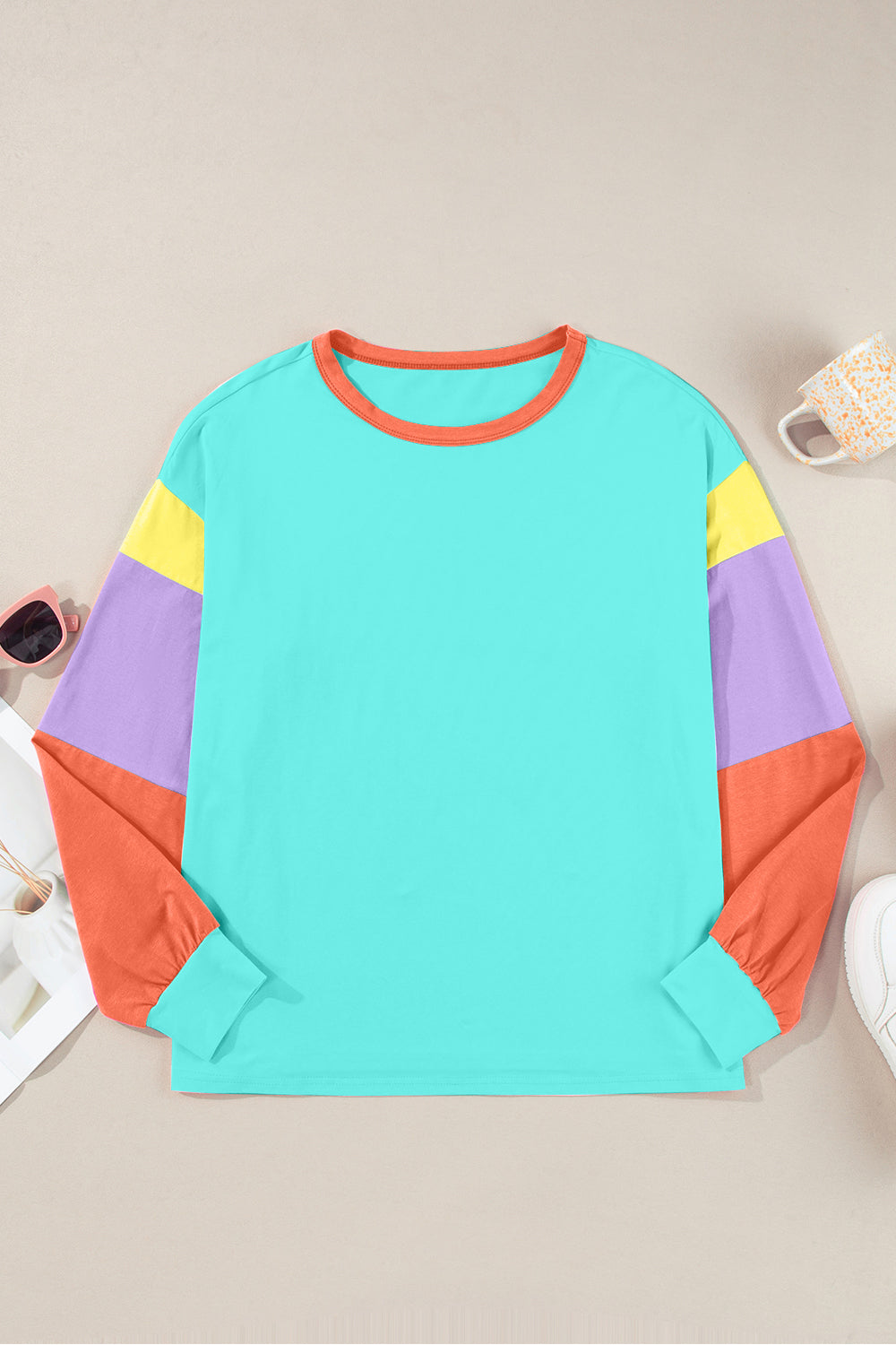 Color Block Round Neck Long Sleeve Top - JassyBae