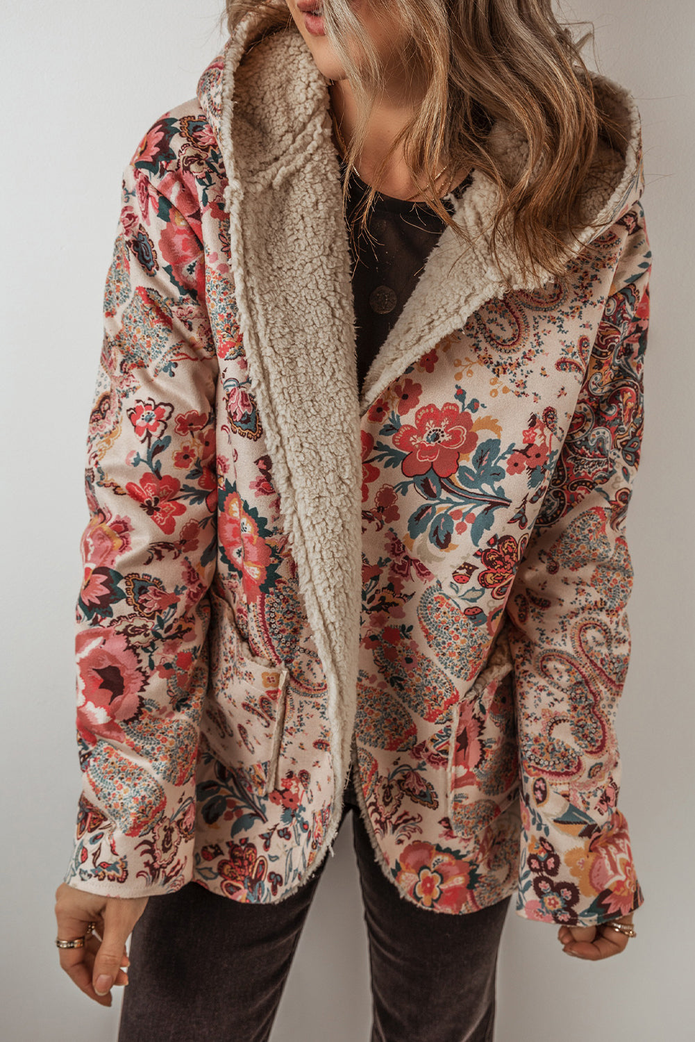 Floral Printed Sherpa Lined Hooded Jacket