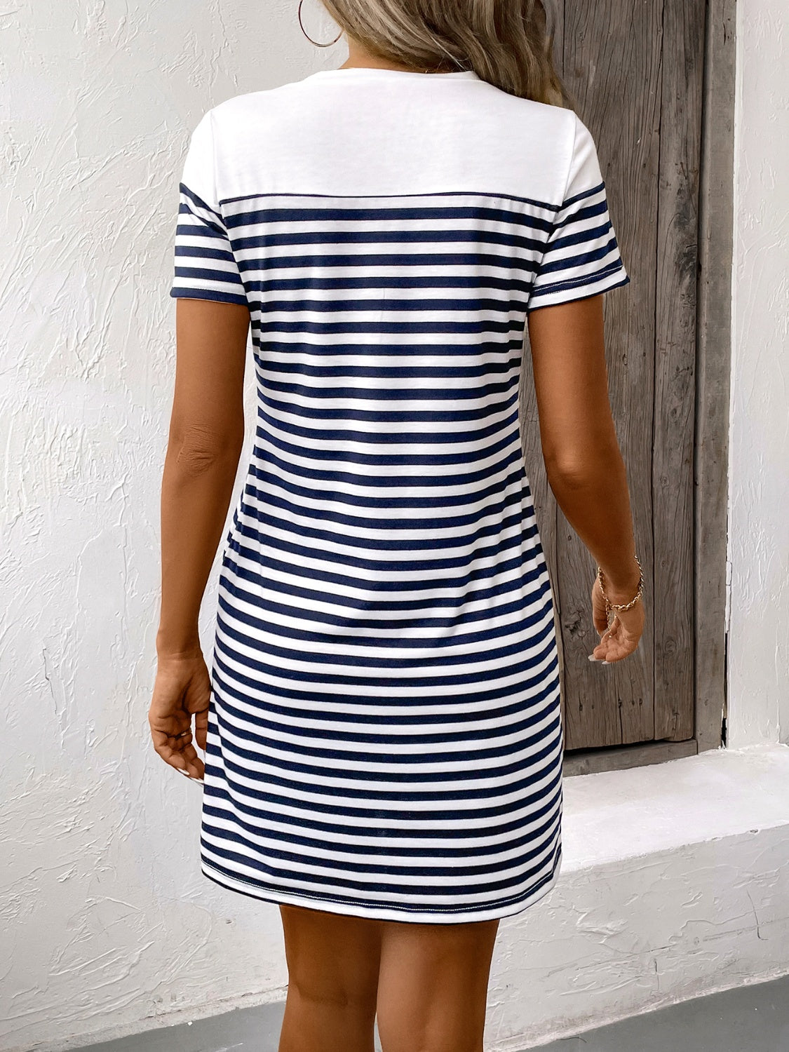 Striped Round Neck Short Sleeve Mini Dress - JassyBae