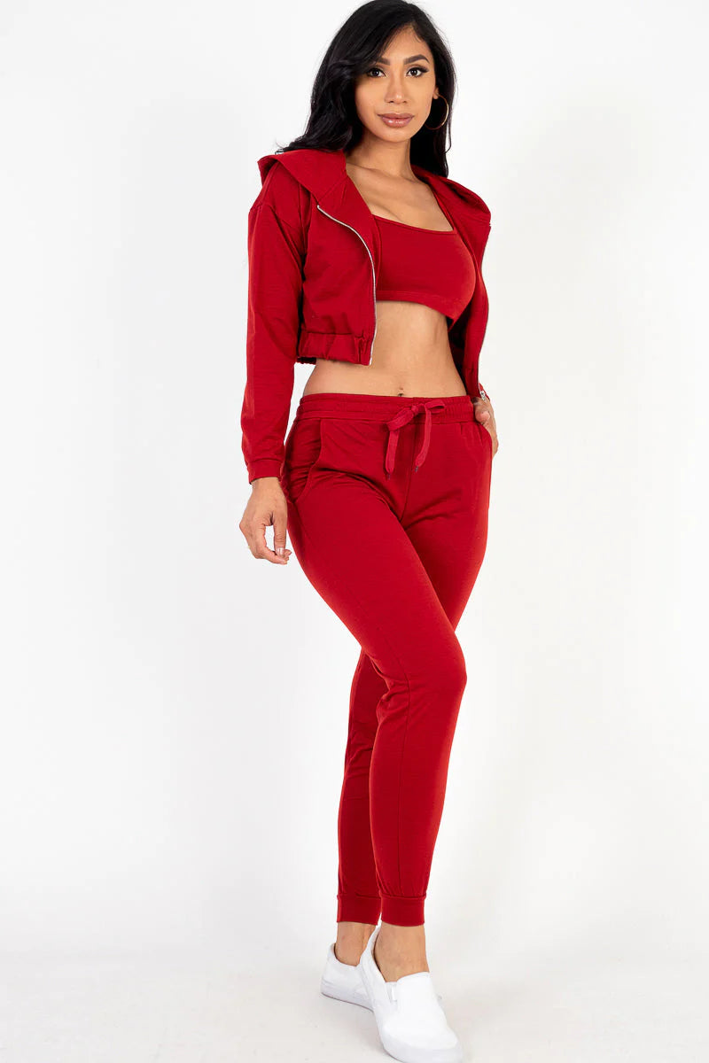 Cozy Chic French Terry Lounge Set: Zip-Up Jacket, Cropped Cami, and Joggers