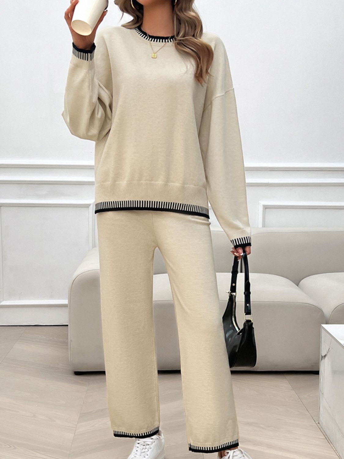 Round Neck Dropped Shoulder Top and Pants Sweater Set - JassyBae