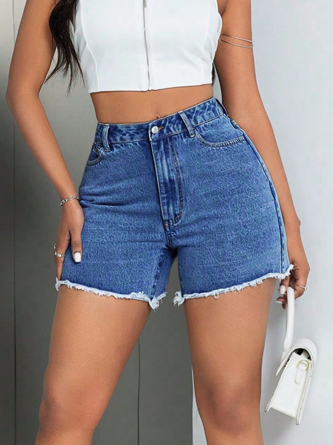 Raw Hem High Waist Denim Shorts - JassyBae