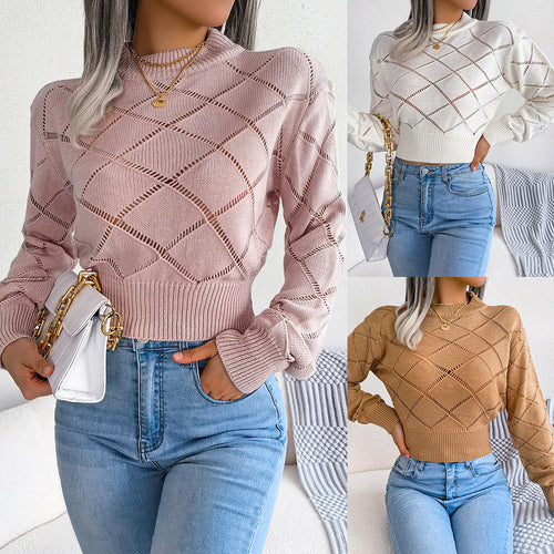 Hollow Plaid Long Sleeve Sweater