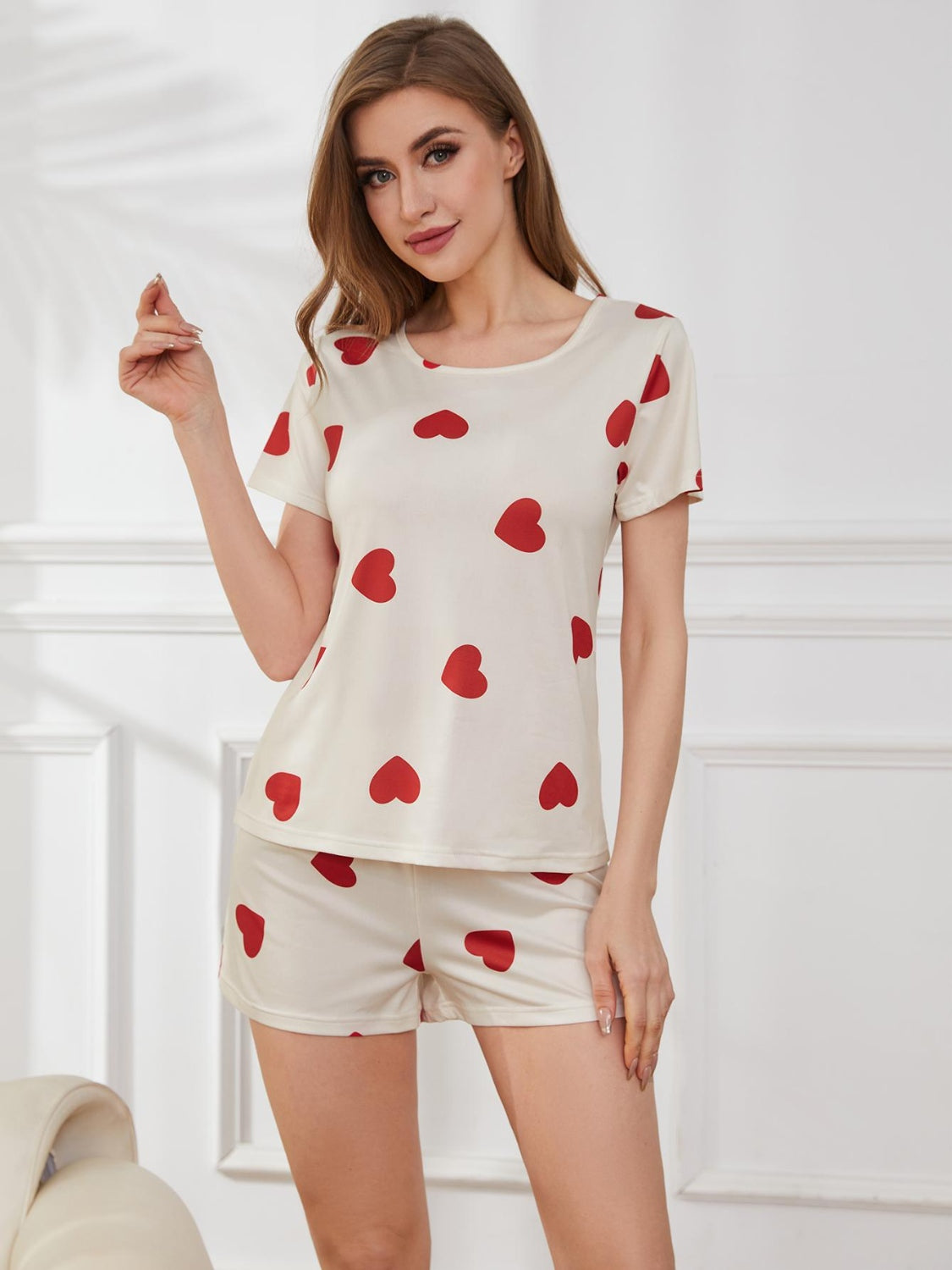 Heart Round Neck Top and Shorts Lounge Set - JassyBae