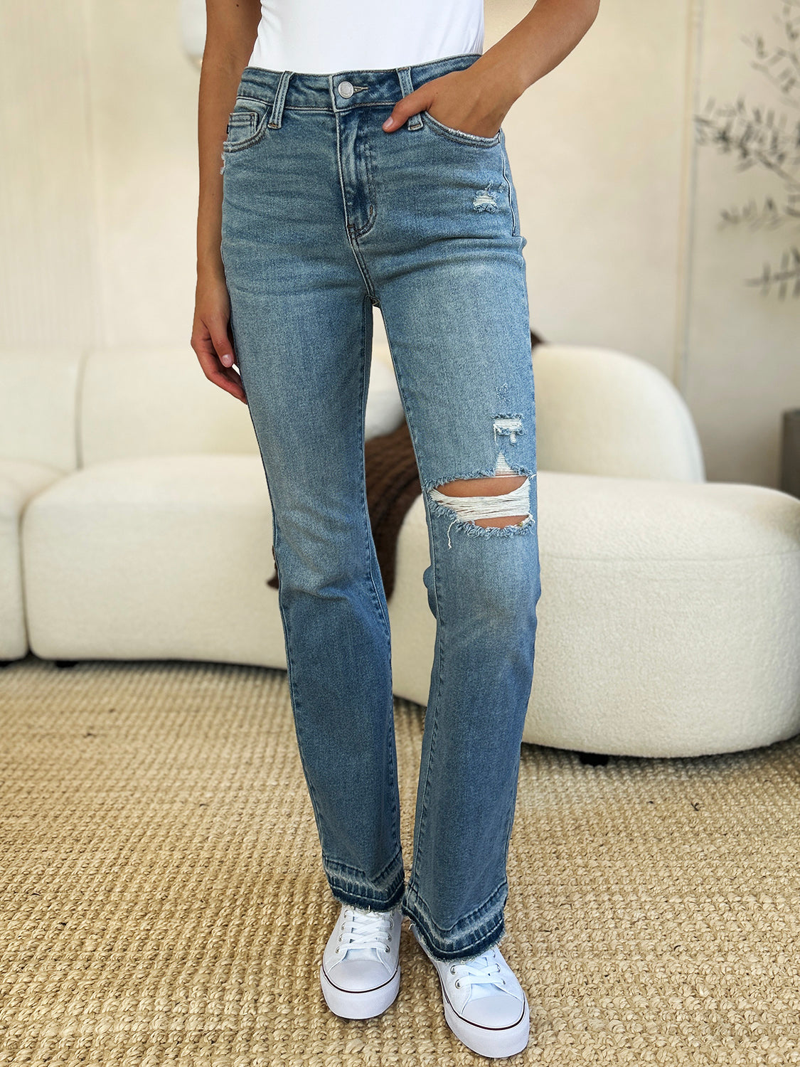 Judy Blue Full Size Mid Rise Destroyed Hem Distressed Jeans - JassyBae