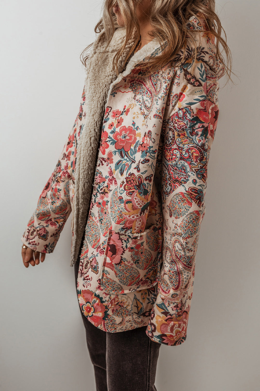 Floral Printed Sherpa Lined Hooded Jacket