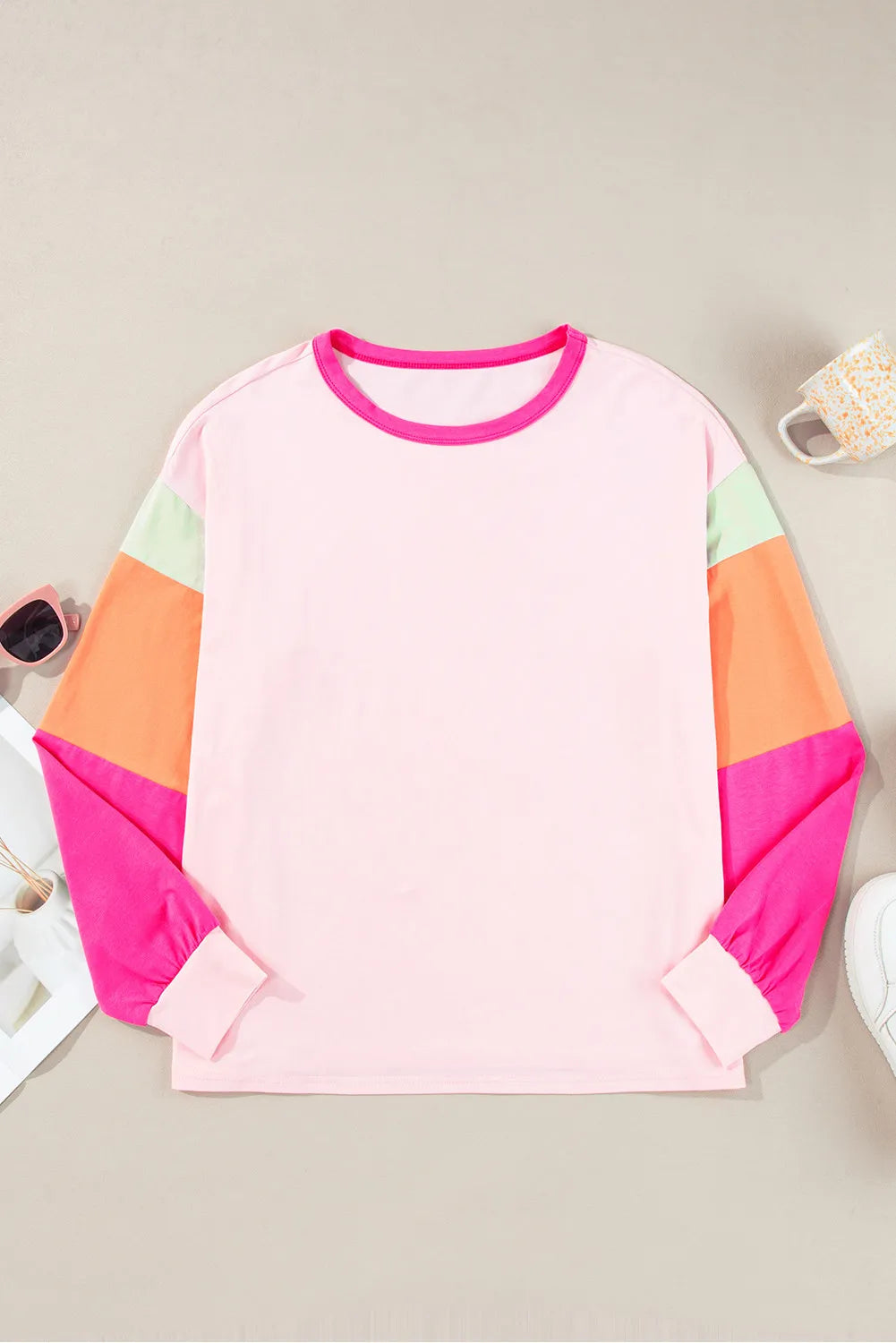 Color Block Round Neck Long Sleeve Top - JassyBae