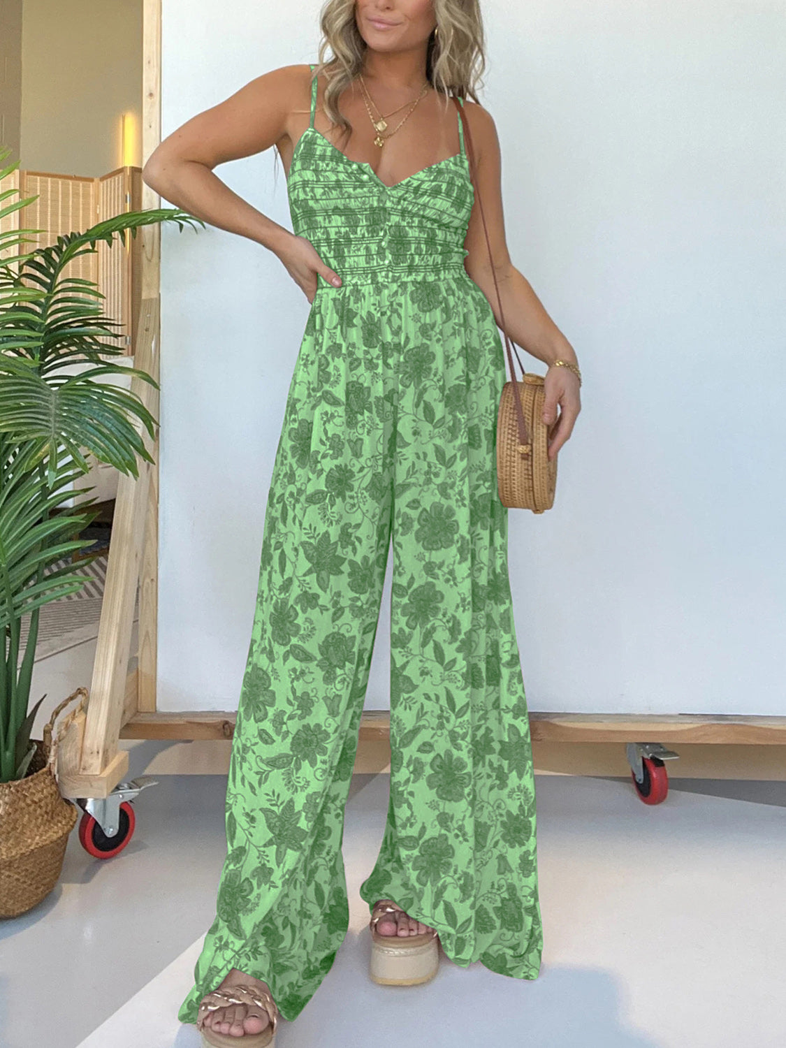 Full Size Printed Spaghetti Strap Wide Leg Jumpsuit - JassyBae